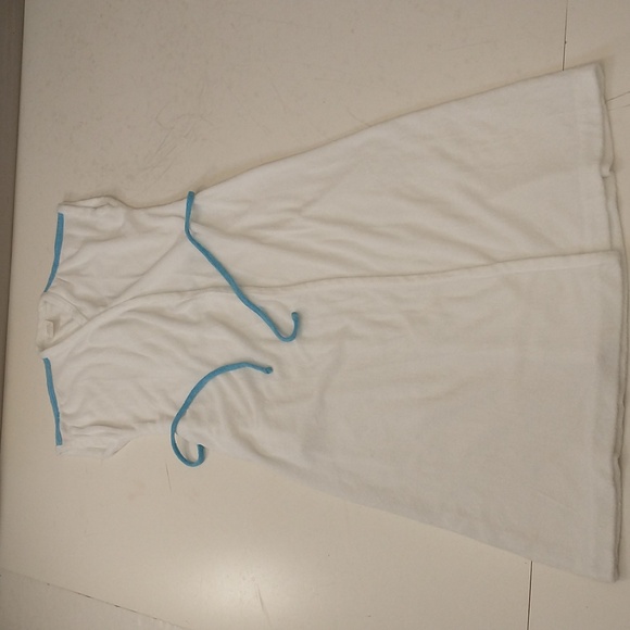 Vintage 70s Soft Terry Robe Long Wrap Authentic Seventies White w Cerulean Blue - Picture 9 of 11